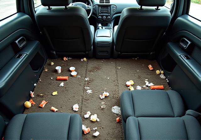 청소 전 어지러운 SUV 실내